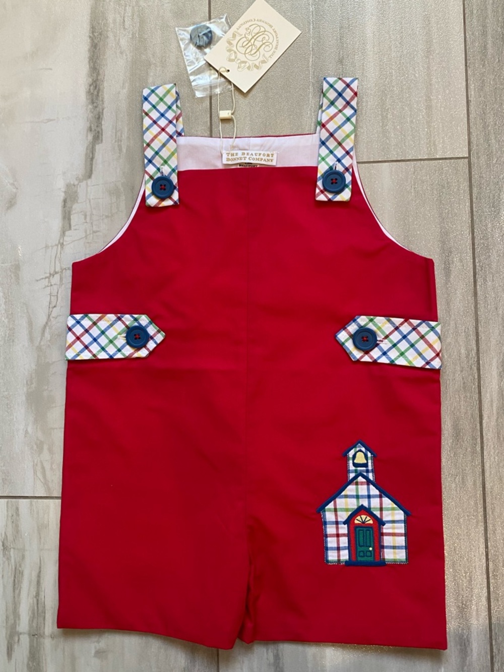 NWT TBBC Vibrant Red Teddy’s Tab Schoolhouse Appliqué Jon Jon Romper Boys 12-18M